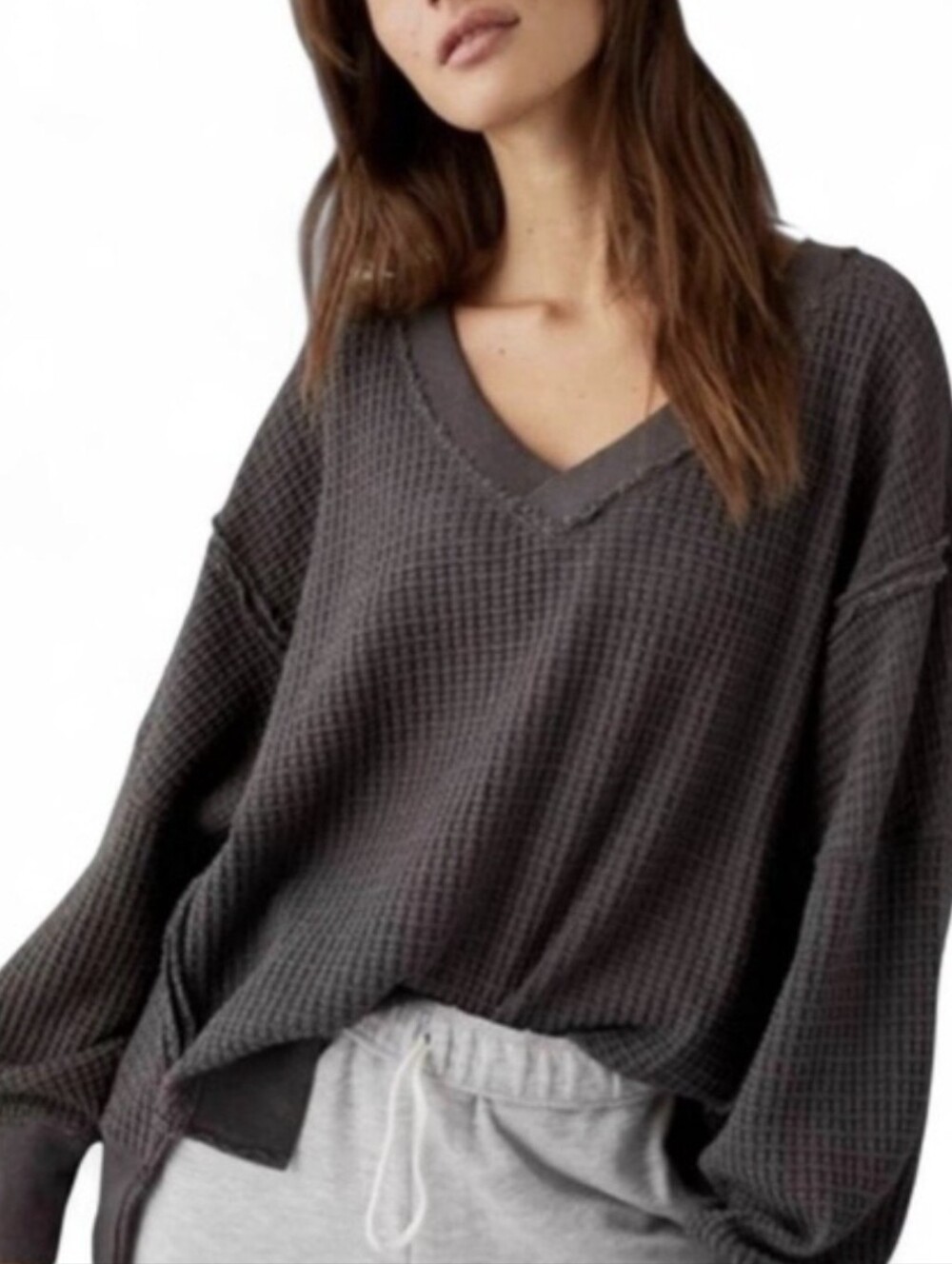American Eagle Outfitters Charcoal V-Neck Waffle Knit Sweater